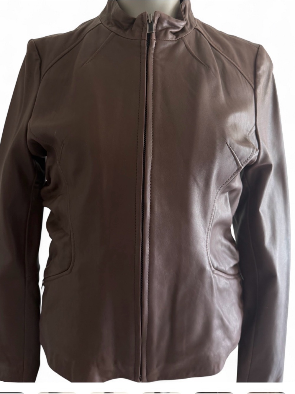 Tahari Chocolate Brown Leather Zip Jacket Genuine Lambskin Sz M y2k EuC